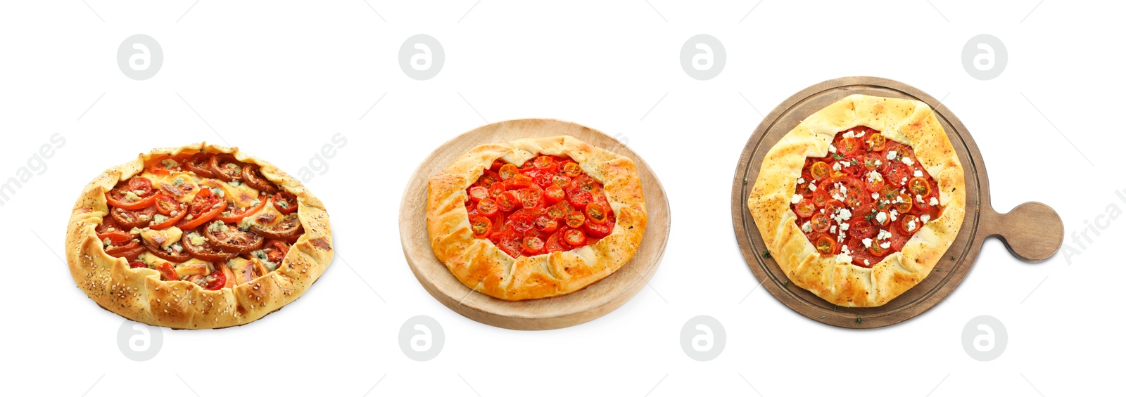 Image of Different delicious galettes on white background, collage. Top and side views