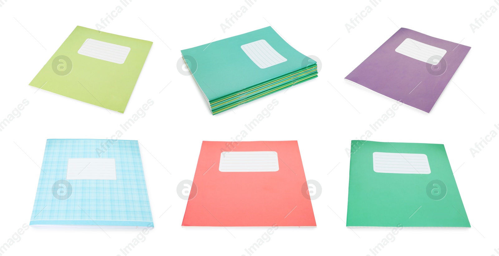 Image of Many different notebooks on white background, set. School stationery