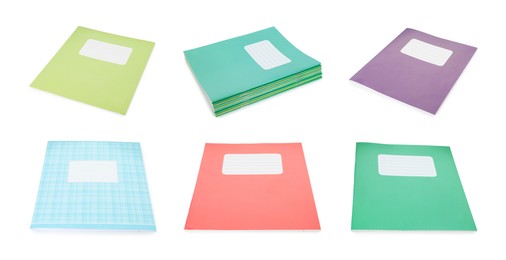 Image of Many different notebooks on white background, set. School stationery