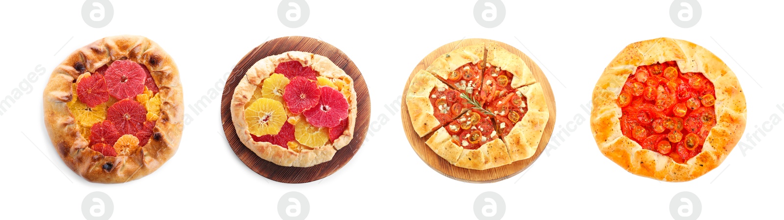 Image of Different delicious galettes on white background, set. Top view