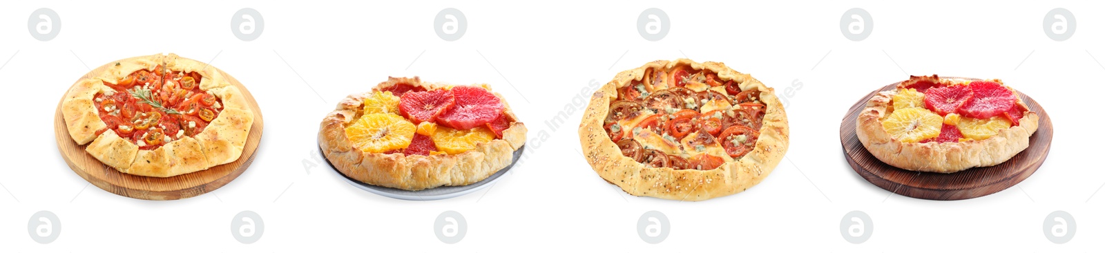 Image of Different tasty galettes on white background, set