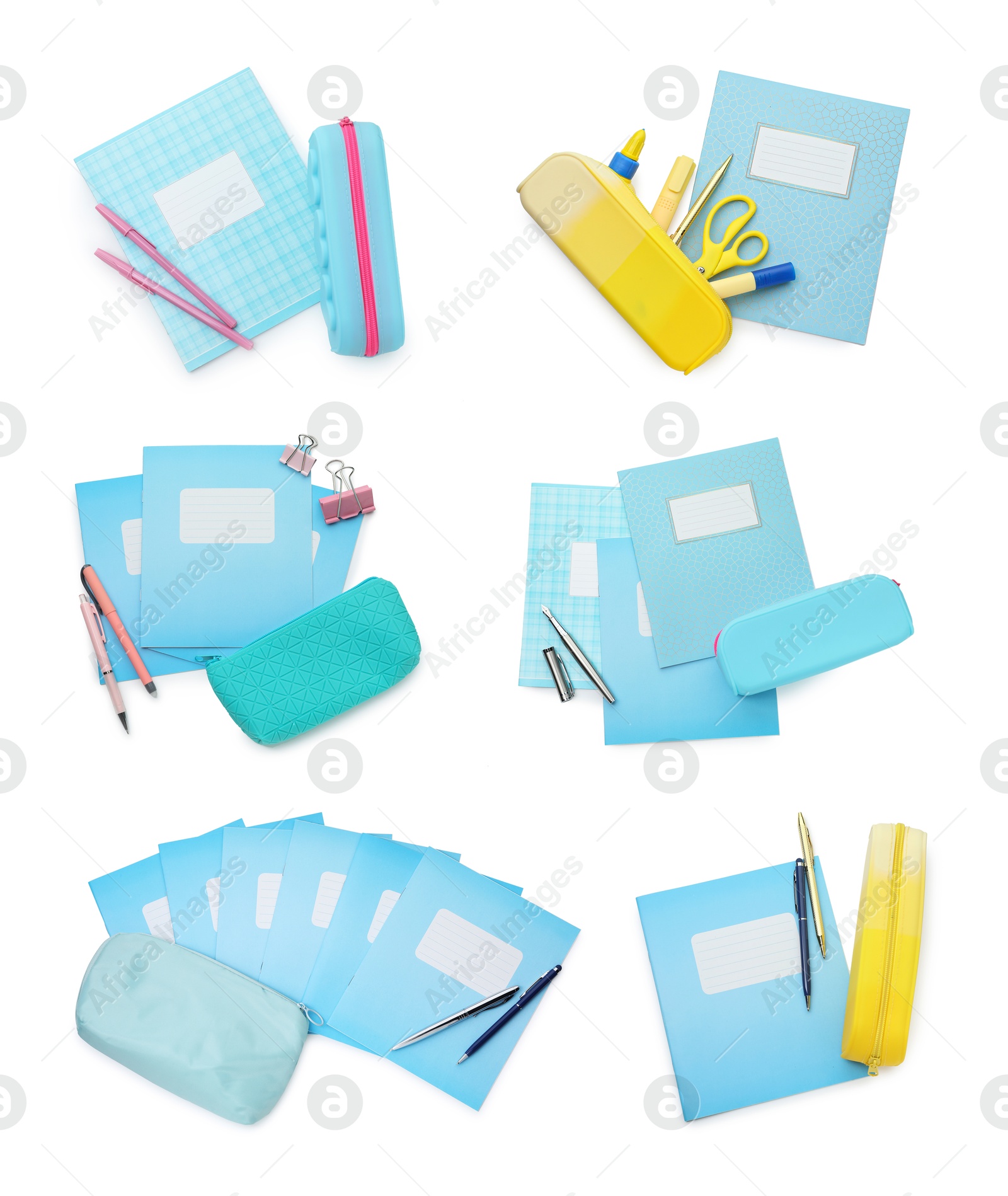 Image of Many different notebooks and other school stationery on white background, set. School stationery