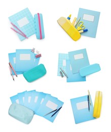 Image of Many different notebooks and other school stationery on white background, set. School stationery