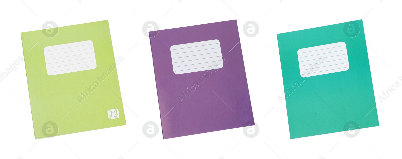 Image of Set of many different notebooks on white background, top view. School stationery