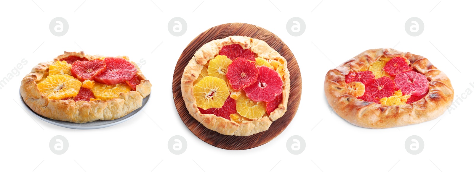 Image of Delicious galette with citrus fruits on white background, collage