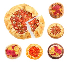 Image of Different delicious galettes on white background, set. Top view