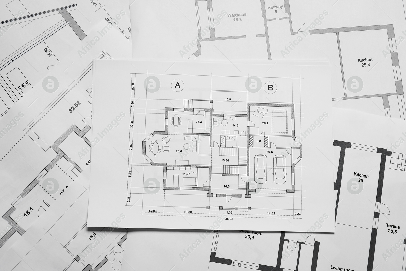 Photo of Different architectural drawings as background, top view