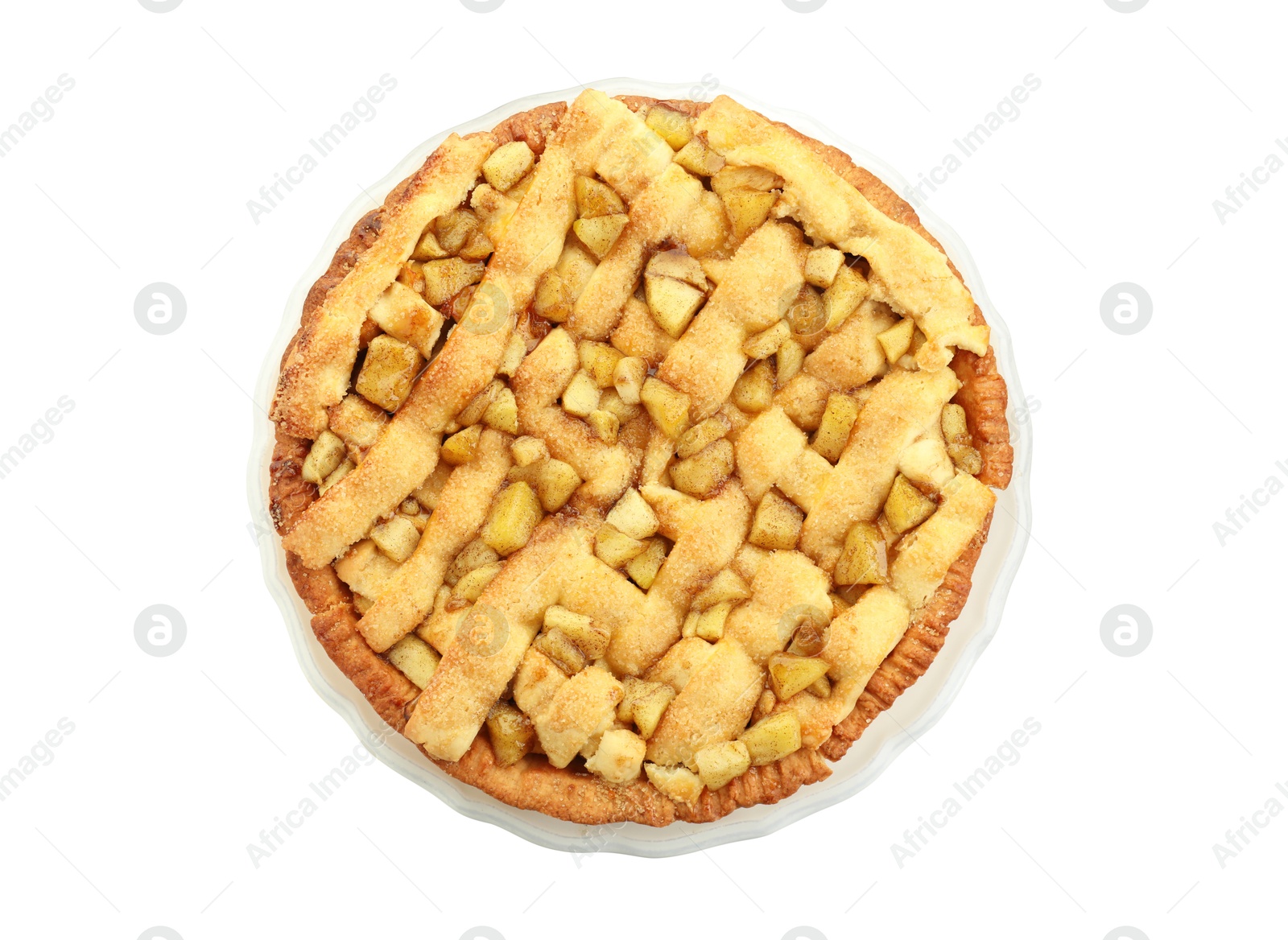 Photo of One tasty homemade apple pie isolated on white, top view