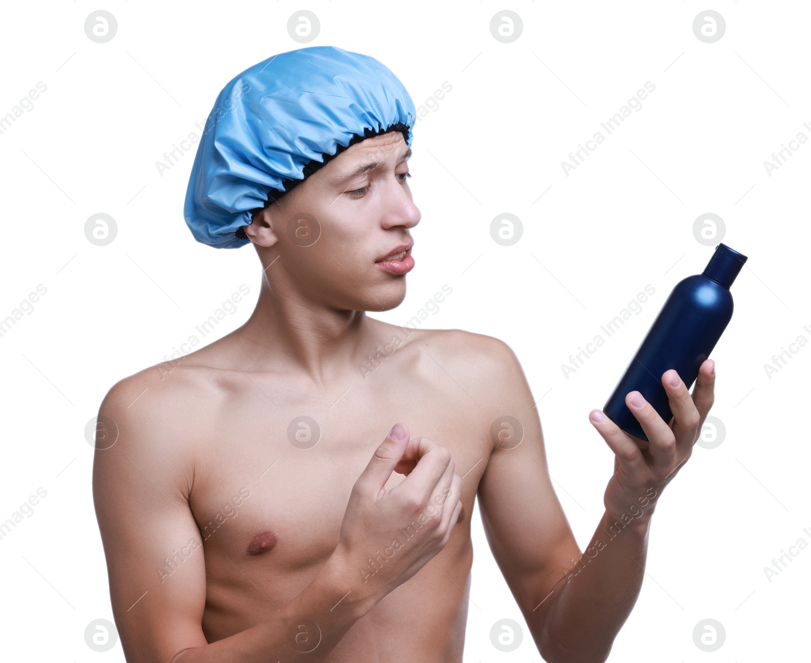 Photo of Man with blue shower cap and shampoo on white background