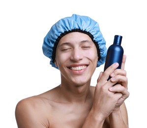 Photo of Happy man in blue shower cap with shampoo on white background