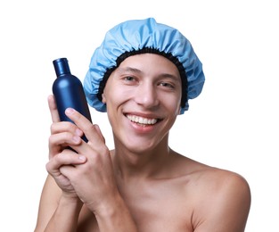 Happy man in blue shower cap with shampoo on white background