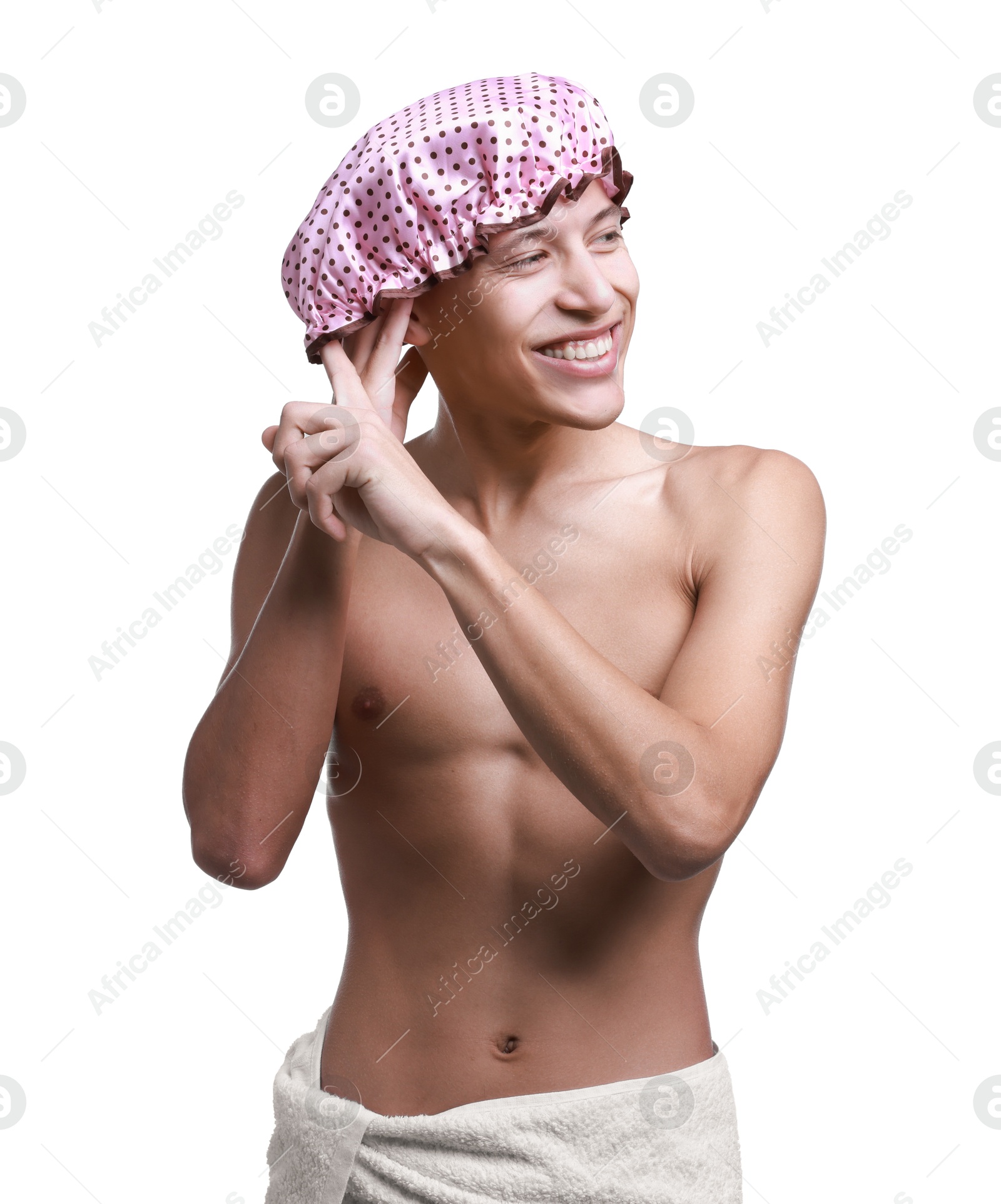 Photo of Happy man wearing pink shower cap on white background