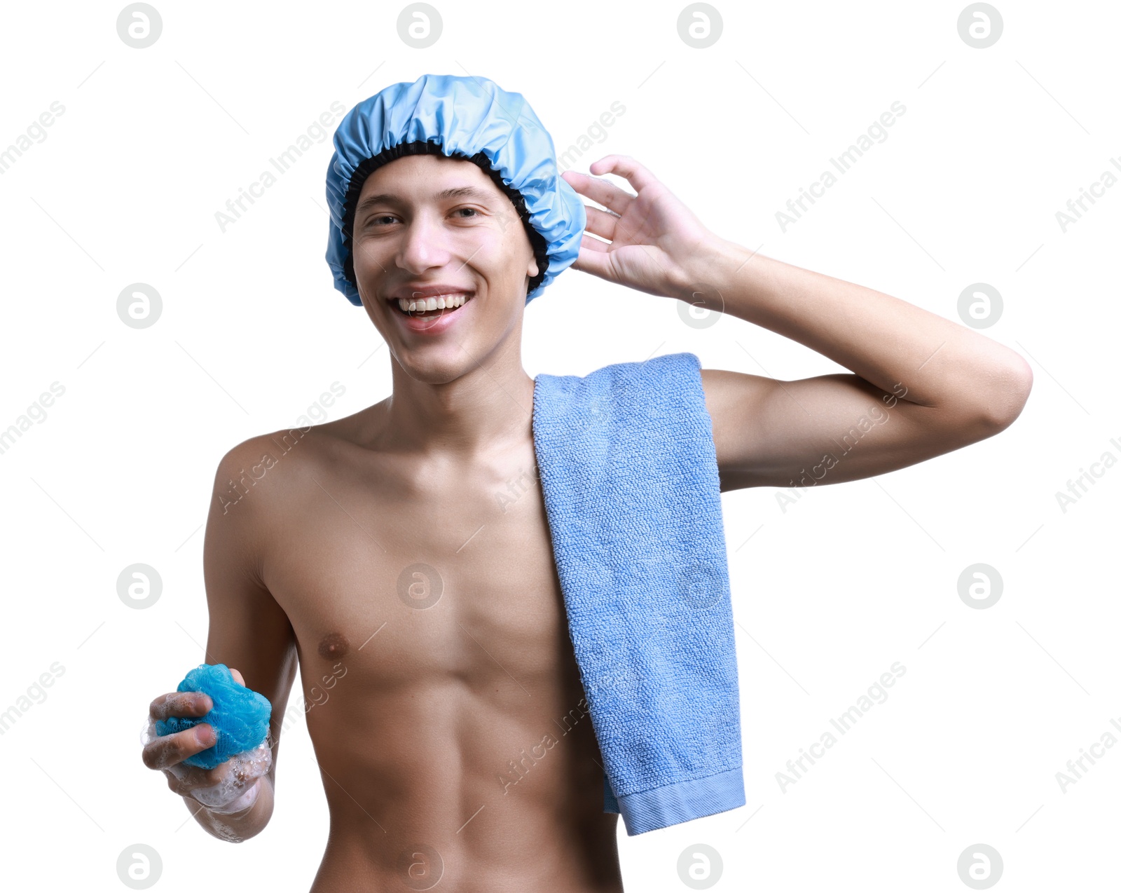 Photo of Happy man in shower cap with towel and mesh sponge on white background