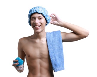 Photo of Happy man in shower cap with towel and mesh sponge on white background