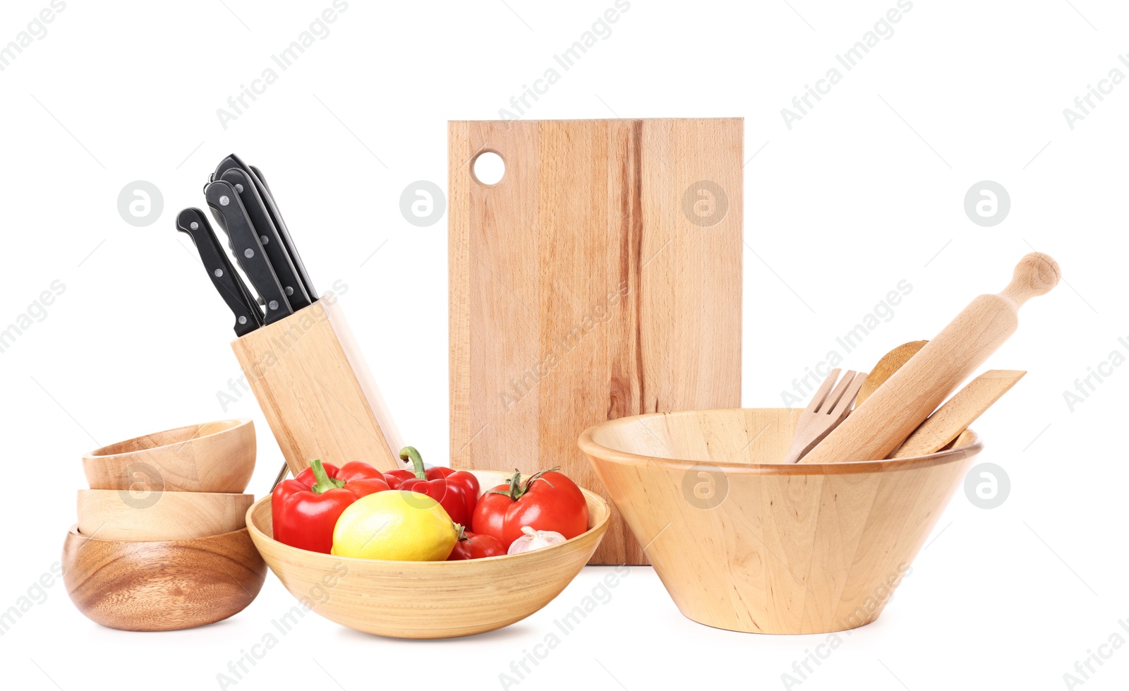 Photo of Different cooking utensils and products isolated on white