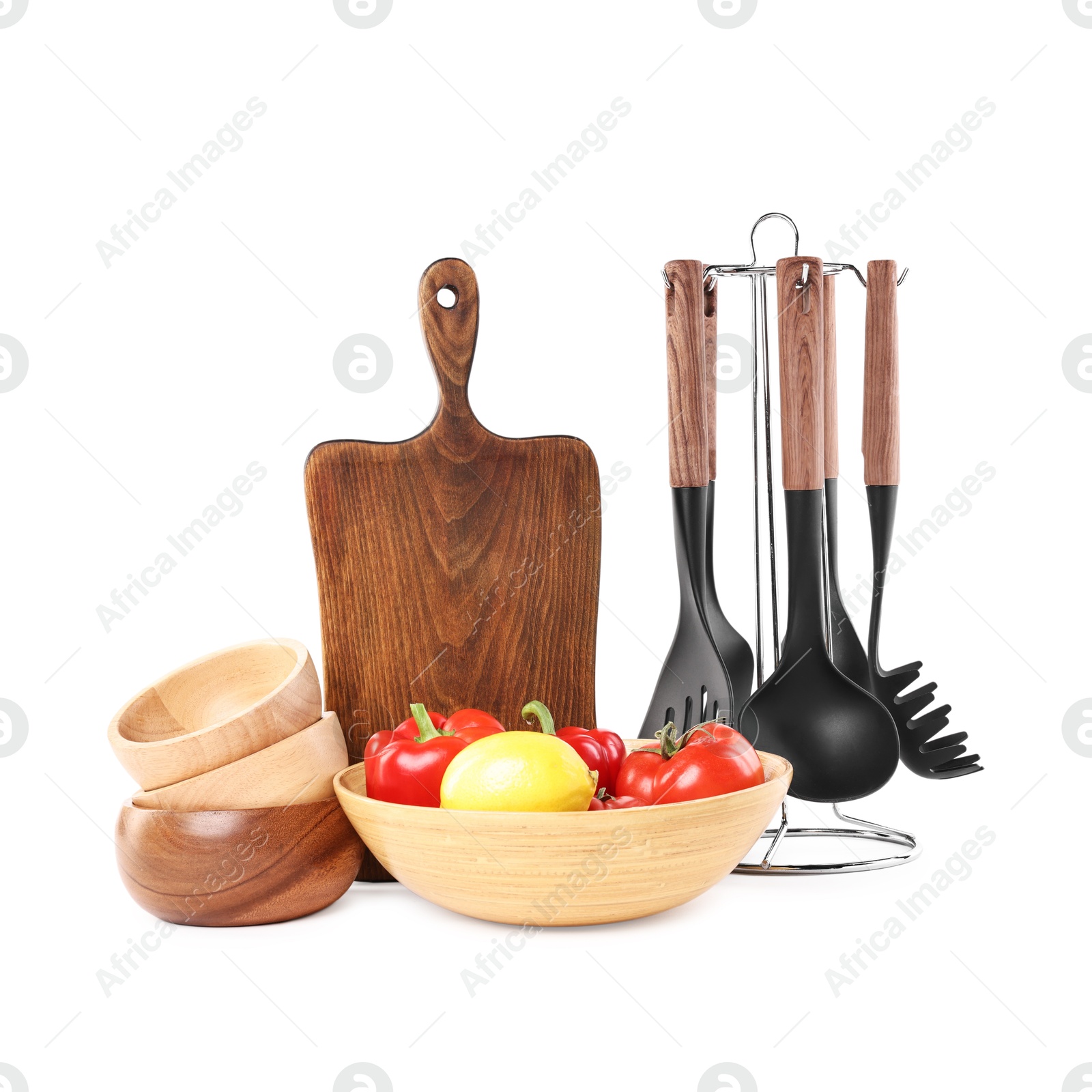 Photo of Different cooking utensils and products isolated on white