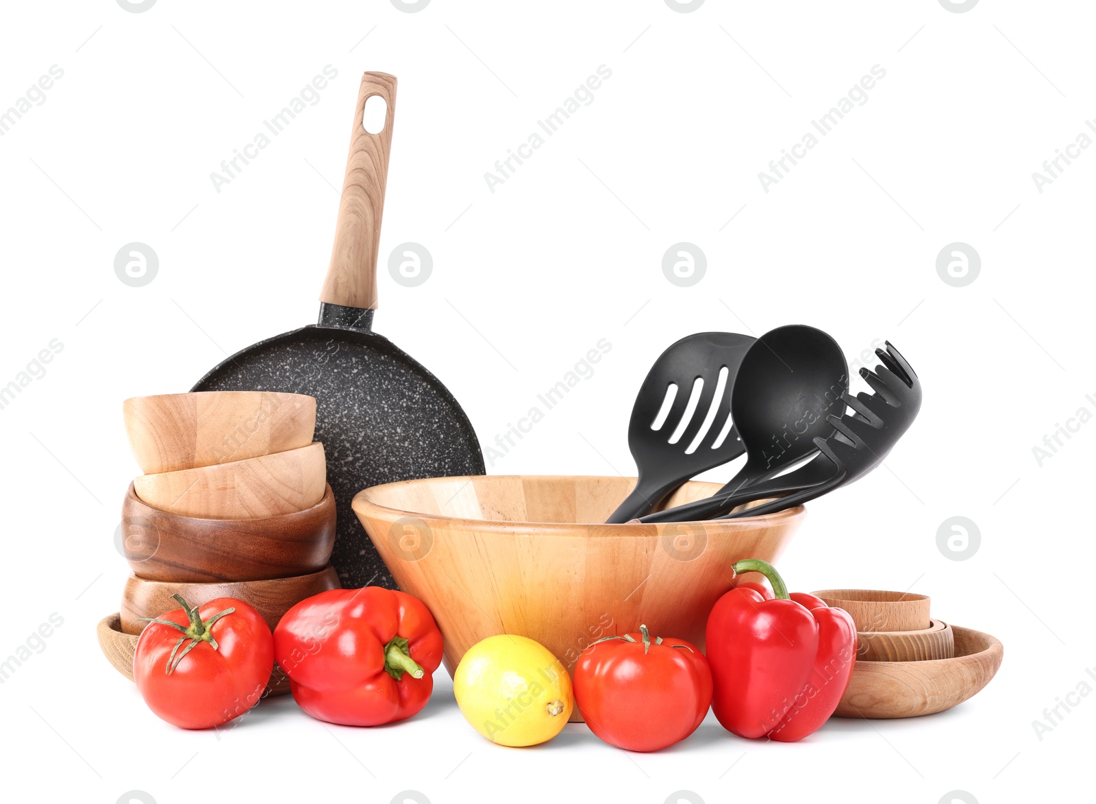 Photo of Different cooking utensils and products isolated on white