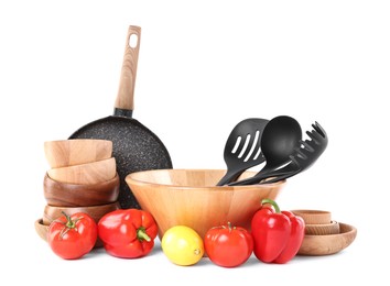 Photo of Different cooking utensils and products isolated on white