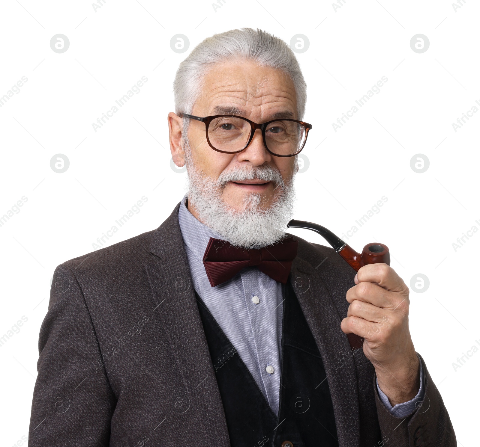 Photo of Portrait of elegant bearded gentleman with tobacco pipe on white background