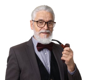 Photo of Portrait of elegant bearded gentleman with tobacco pipe on white background