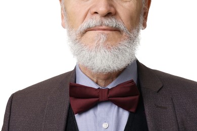 Senior man with gray beard on white background, closeup