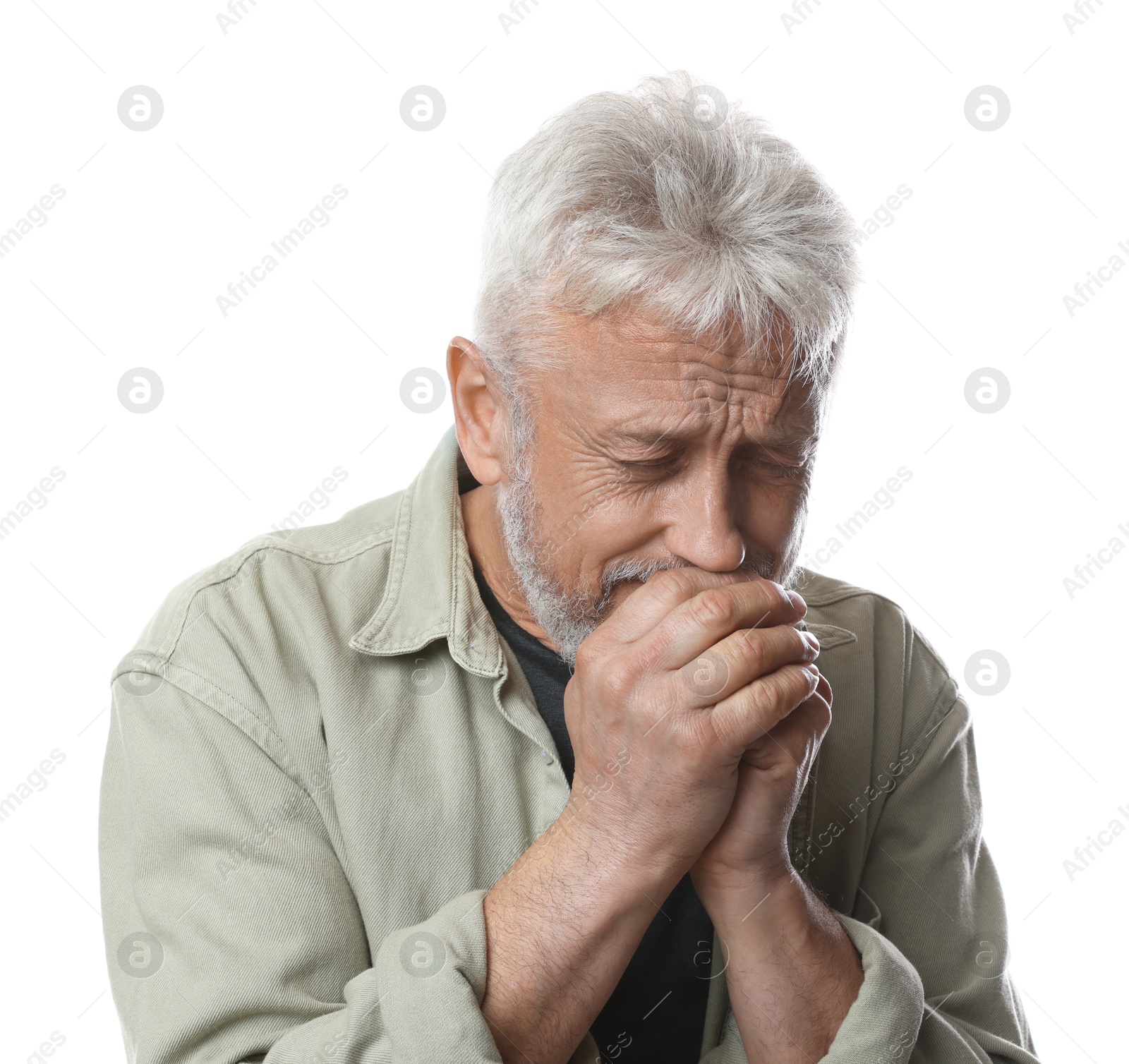 Photo of Sad senior man crying on white background