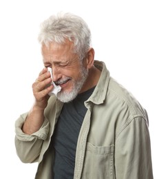 Photo of Sad senior man crying on white background