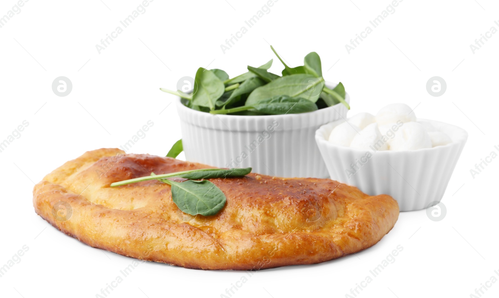 Photo of Tasty calzone with basil and mozzarella cheese isolated on white