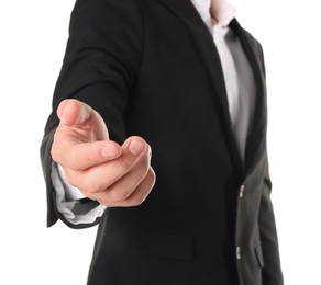 Photo of Offering help. Man reaching his hand on white background, closeup