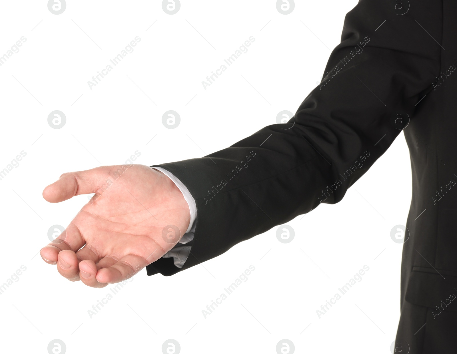 Photo of Offering help. Man reaching his hand on white background, closeup