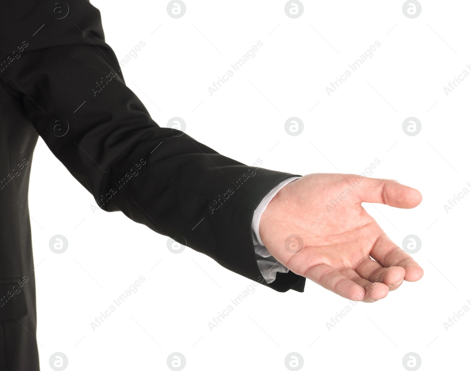 Photo of Offering help. Man reaching his hand on white background, closeup