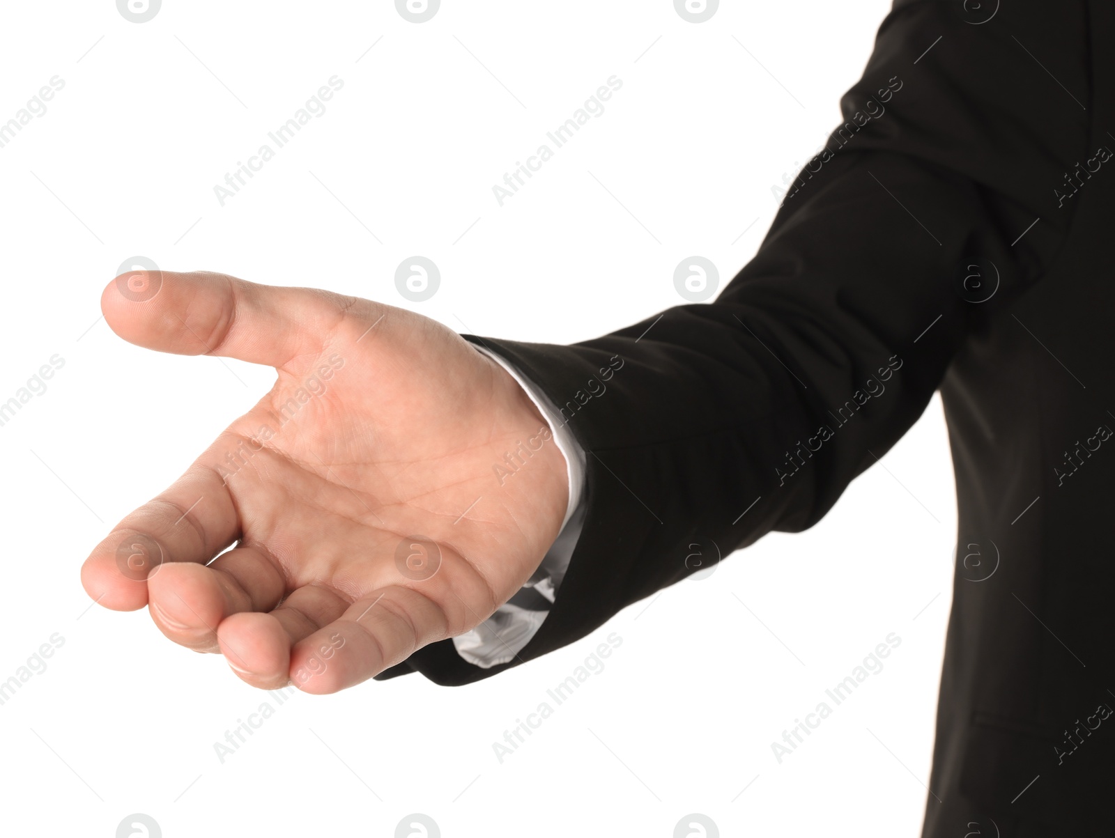 Photo of Offering help. Man reaching his hand on white background, closeup