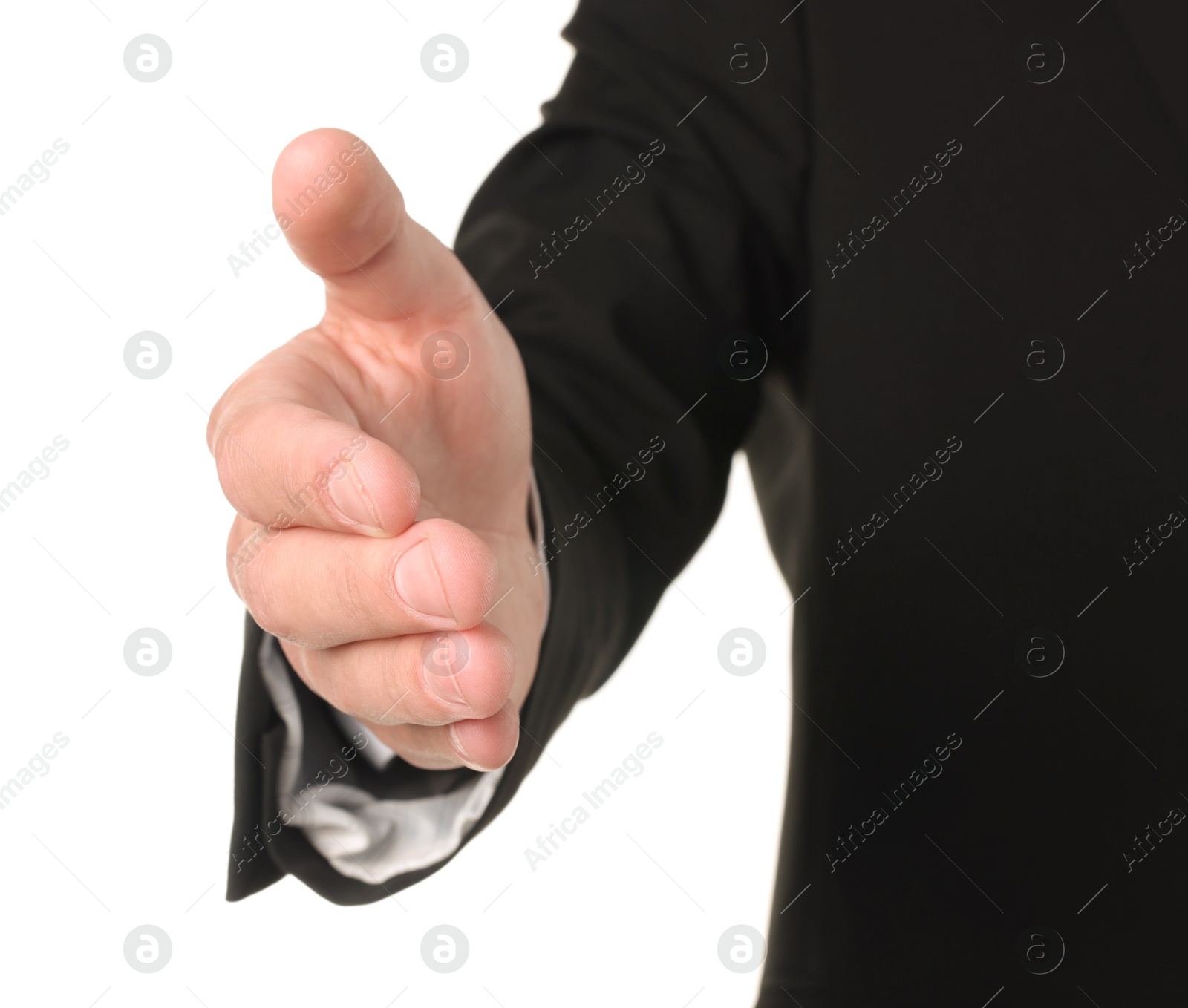 Photo of Offering help. Man reaching his hand on white background, closeup