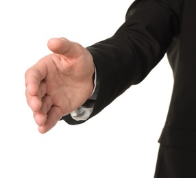 Photo of Offering help. Man reaching his hand on white background, closeup