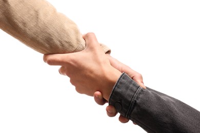 Photo of Help and support. People holding hand on white background, closeup