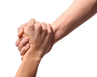 Photo of Help and support. People holding hand on white background, closeup