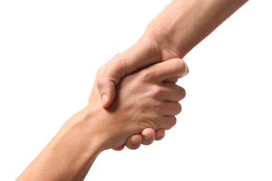 Photo of Help and support. People holding hand on white background, closeup