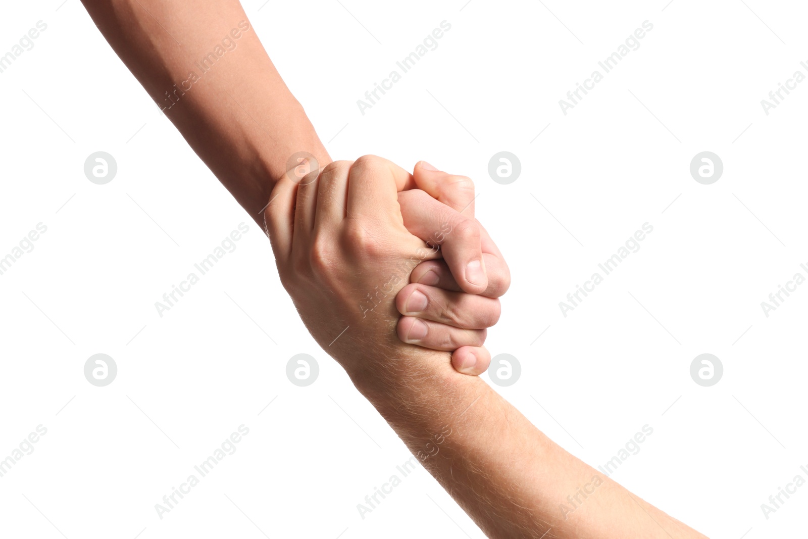 Photo of Help and support. People holding hand on white background, closeup