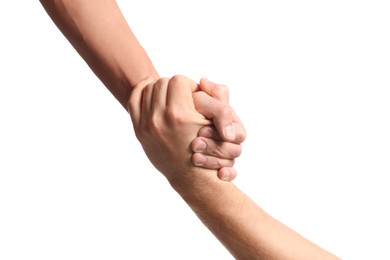 Photo of Help and support. People holding hand on white background, closeup