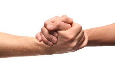 Photo of Help and support. People holding hand on white background, closeup