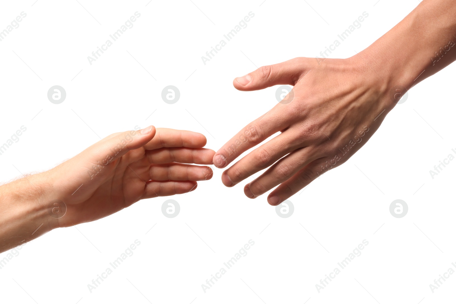 Photo of Man reaching for helping hand on white background, closeup