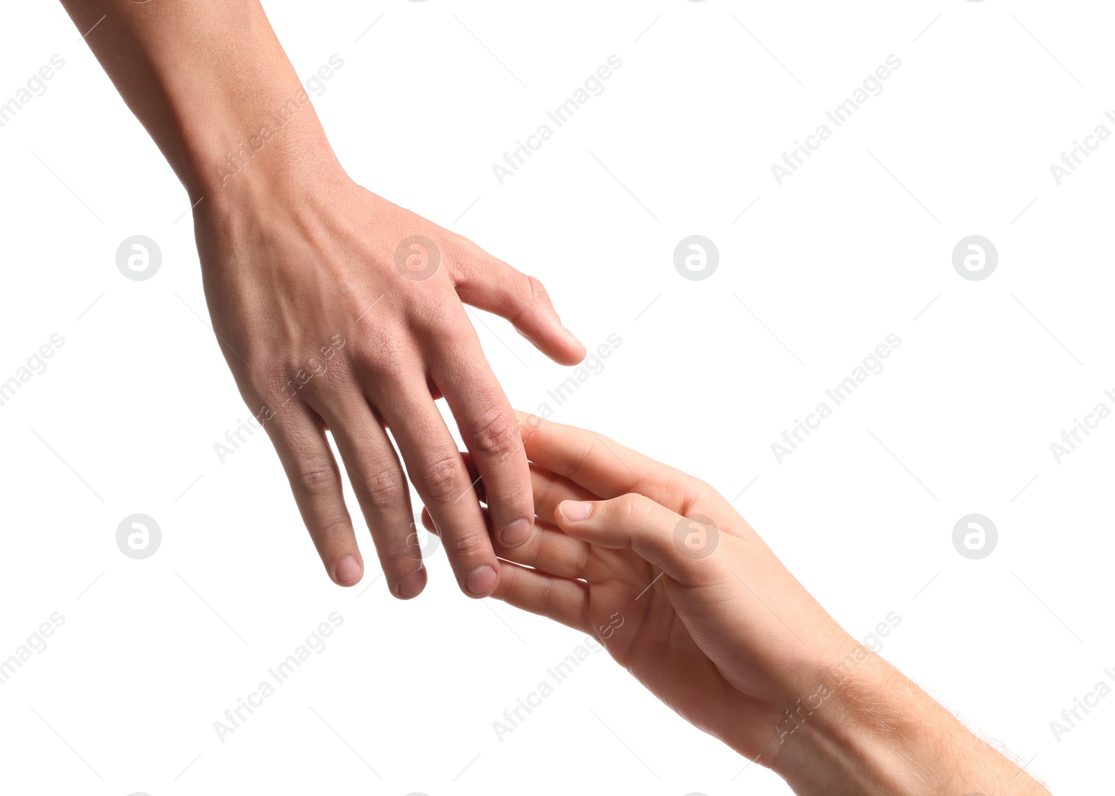 Photo of Man reaching for helping hand on white background, closeup