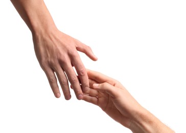 Photo of Man reaching for helping hand on white background, closeup