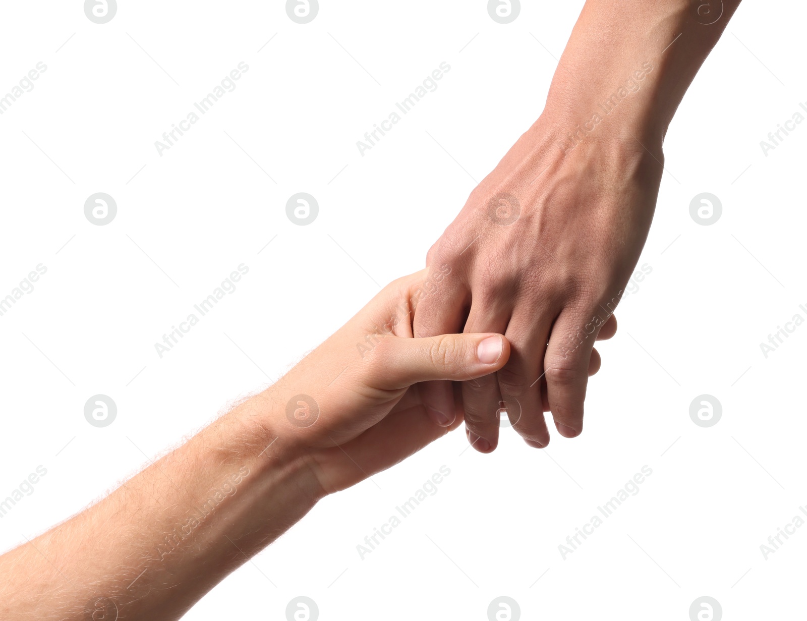 Photo of Help and support. People holding hand on white background, closeup