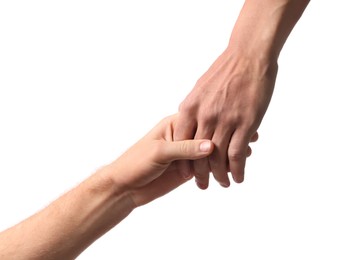 Photo of Help and support. People holding hand on white background, closeup