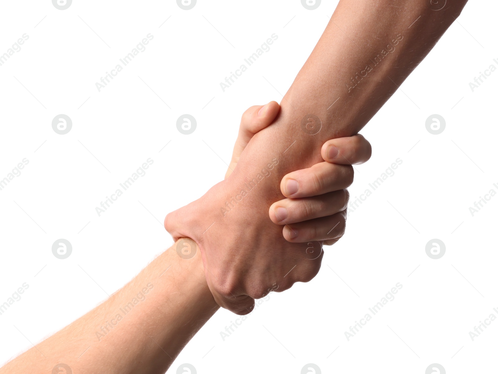 Photo of Help and support. People holding hand on white background, closeup