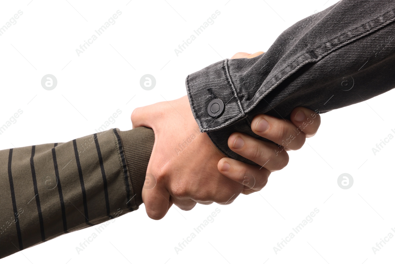 Photo of Help and support. People holding hand on white background, closeup