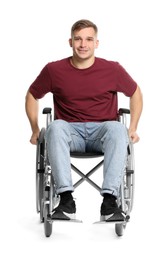 Photo of Smiling man in wheelchair on white background