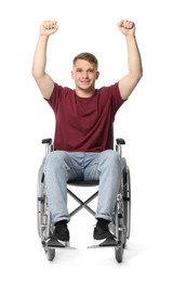 Smiling man in wheelchair on white background