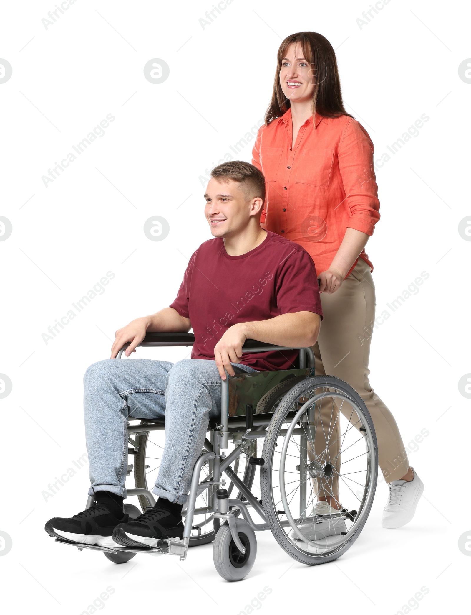 Photo of Caregiver with man in wheelchair on white background